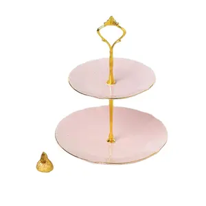 Royal Pink Kue Stand Dua Dasi Buah Piring Porselen Dessert Plate untuk Pesta Pernikahan
