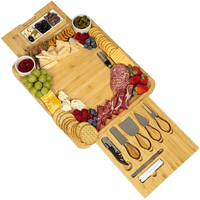 Grande planche à fromage en bambou avec tiroir coulissant, plateau de charcuterie multifonctionnel, couteaux à fromage et bols en céramique