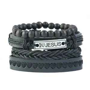 New Religious Ornaments Christian I Love Jesus Leather Bracelet Men's Woven Bracelet Leather