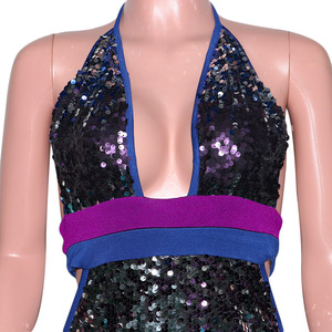 Abiti Corti da Sera Sexy per Clubbing, in Pizzo Naturale Intrecciato, con Paillettes Luccicanti, Modello Halter con Lacci, per l'Estate - Product Image 4