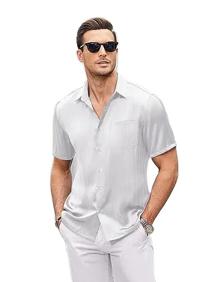 ファクトリープレミアムメンズシルクシャツカジュアル半袖ドレスシャツサテンボタンアップシャツポケット付き