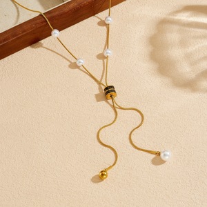 Gold Plated Stainless Steel Snake Chain Pearl Pendant Necklace Tassel Design Everyday Wear - Product Image 2