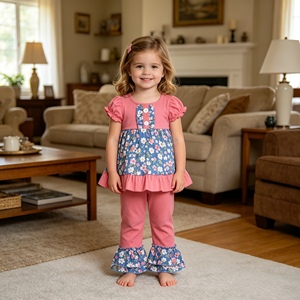 GSSO2489 RTS Little active girl Purple flowers bows MAMA'S MINI print summer outfits kids wholesale girl child shorts sleeve set - Product Image 2