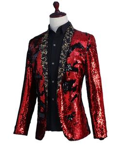 Jas Blazer Kerah Selendang Payet Merah untuk Pria, Jas Tuxedo untuk Pesta Pernikahan, Jas Blazer untuk DJ, Klub Malam, <span class=keywords><strong>Prom</strong></span>, Penyanyi Panggung, Kostum Pria - Product Image 1