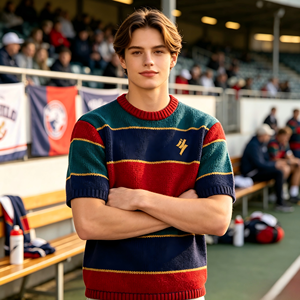 Retro Contrast Striped Cotton Knit Heavyweight Thick <b>Pullover</b> <b>Men</b> Crew Neck Short Sleeve Custom Embroidery Front Wholesale Team - Product Image 5