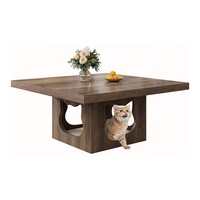 Table basse carrée en bois rustique pour salon avec niche pour chat