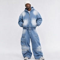 Ensemble survêtement homme sur mesure OEM de haute qualité avec double fermeture éclair, veste en jean à capuche en coton délavé et jean large