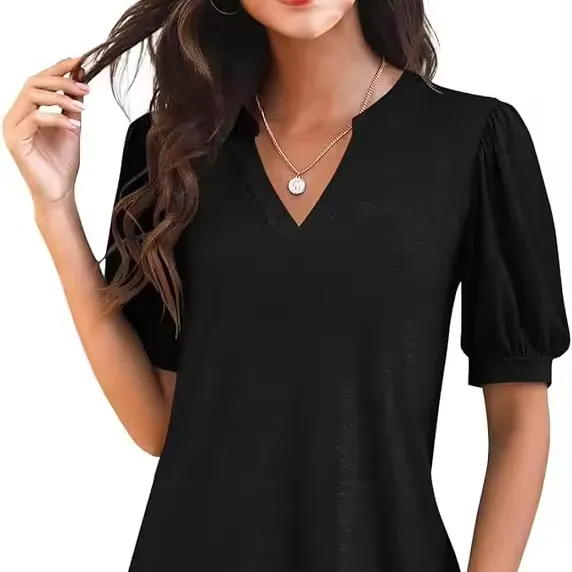 Womens V Neck T Shirts Casual Puff Sleeve Loose Dressy Blouses Summer Tops