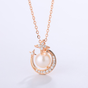 Collar con Colgante de Estrella y Luna Creciente en Oro Rosa y Cobre, con Circonitas y Perla de Agua Dulce, Joyería Celestial para Mujer - Product Image 2