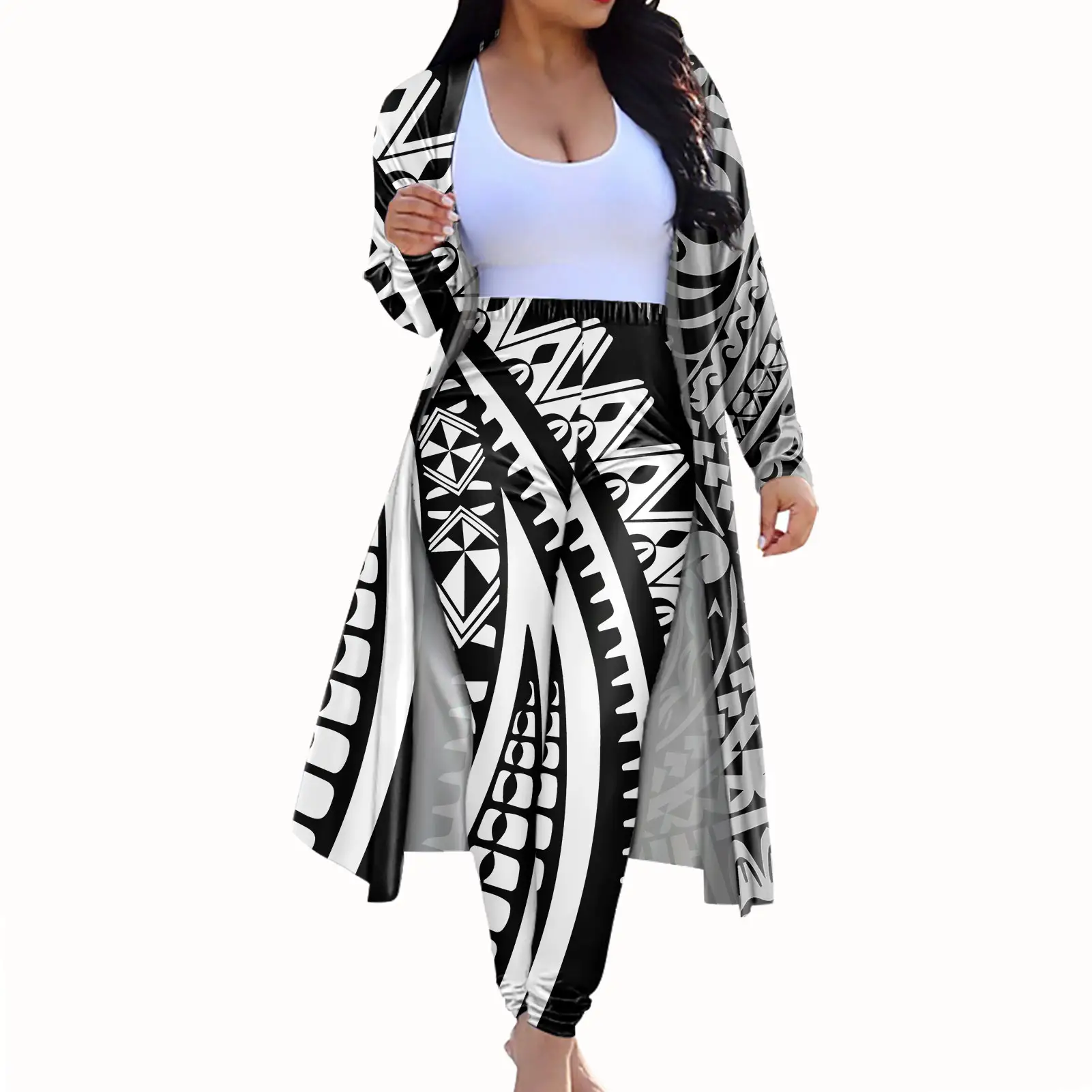 New Arrivals Hawaii Polynesian Style Black-White Hibiscus Printed Casual Long Coat Cloak and Skinny Pants 2piece Women Outfit