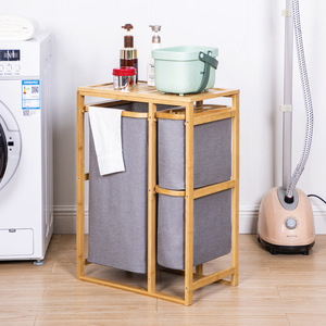 Japanese Style Solid Wood Laundry <b>Basket</b> Grey Oxford Cloth Floor Standing Storage <b>Shelf</b> Bathroom Clothing Organizer Multi Layer - Product Image 1