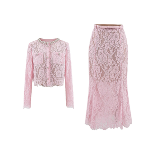 SR2541 Nuevo Conjunto de Dos Piezas Elegante y Casual con Cuello de Diamantes Franceses, Top de Encaje Transparente y Falda Larga Maxi de Cola de Pez para Mujer - Product Image 1