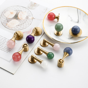 Natural Stone Cabinet Handle Brass Base Round Vintage Style Drawer Wardrobe <b>Knob</b> Traditional Design Durable Furniture Hardware - Product Image 1