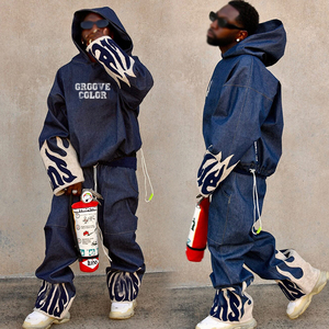 YSJY Set <span class=keywords><strong>di</strong></span> <span class=keywords><strong>Giacca</strong></span> e Pantaloni in Denim Lavato e Ricamato, Abbigliamento <span class=keywords><strong>Oversize</strong></span> Streetwear Personalizzato per Uomo - Product Image 1