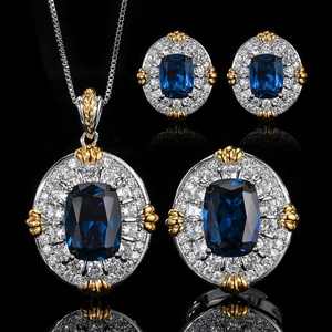 High End Eco-friendly Copper Dark Blue Cubic Zirconia 10*14-6*8mm Royal Blue Zircon Necklace Earring Rings 3PCS Jewelry Set - Product Image 2
