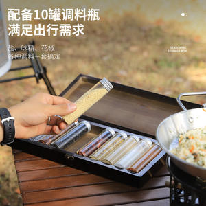 Caja de condimentos retro de madera con 10 tarros de vidrio y bisagra de latón para uso en camping y exteriores, diseño rectangular vertical. - Product Image 4