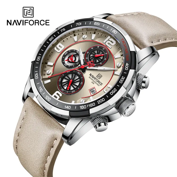 Naviforce 8020L New Men's Fashion Watch Sports Chronograph Watch 30m Water Resistant Leather Wristwatch for Men
