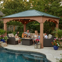 Gazebo hexagonal en aluminium avec toit rigide, structure en bois grainé, toit en acier galvanisé, pavillon de patio extérieur pour piscine, jardin, cour