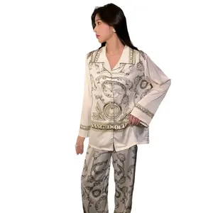 Elegant printed women's pajamas silk lapel long sleeve pants nightgown girls casual home wear satin plus size sleepwear