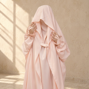 Abaya en mousseline rose poudré style saoudien avec voile intégral, poignets à volants, extensible dans quatre directions, pour femme, tenue de prière islamique modeste - Product Image 1