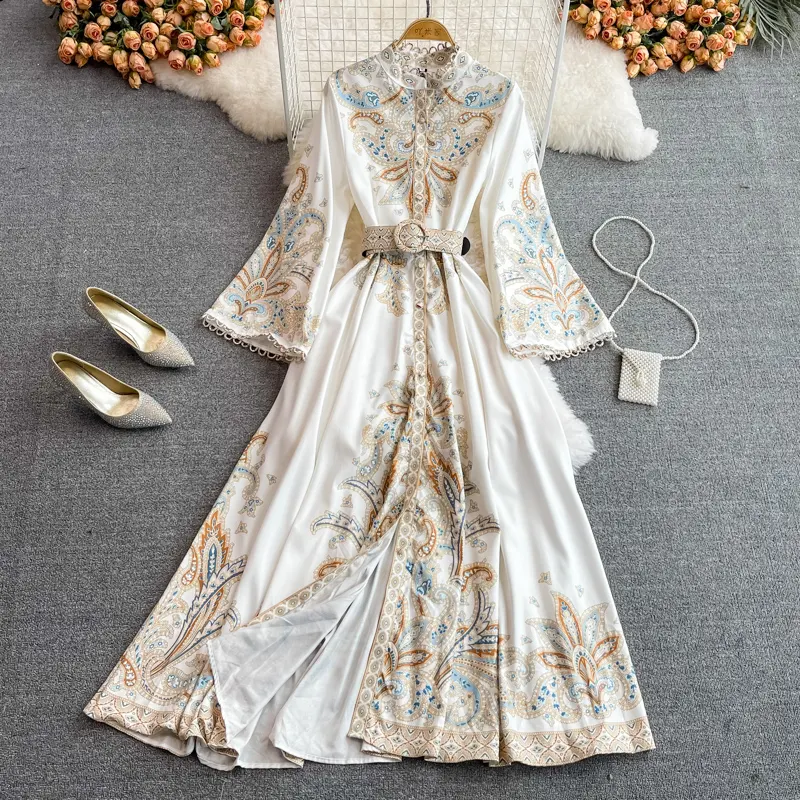 10%OFF S-2XL Autumn Chinese style printed long-sleeved waist-length dress fashion single-breasted stand-up collar dress