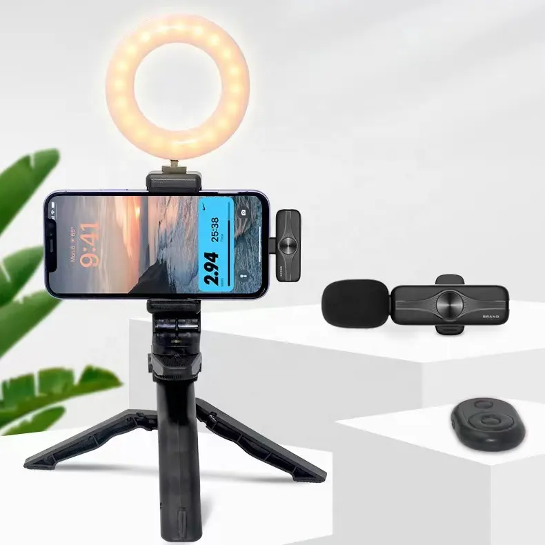 Microfone lavalier sem fio, microfone de áudio portátil para gravação de vídeo, de transmissão ao vivo, com mini anel de luz e pequeno tripé