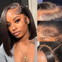 Wig Bob Lurus 10, 12, 14, 16 Inci Wig Lace Front 13x4 Densitas 180% Rambut Asli 100% Sorotan Warna Opsional