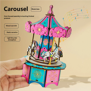 Boîte à musique carrousel en bois <span class=keywords><strong>3D</strong></span> et cadeau de fête - Artisanat en bois fait à la main avec un design de <span class=keywords><strong>puzzle</strong></span> <span class=keywords><strong>3D</strong></span> pour une présentation décorative - Product Image 4