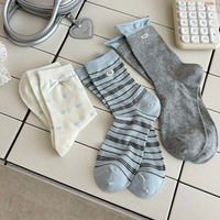 Chaussettes mi-mollet printemps-été en blanc laiteux et bleu avec rayures brodées de lettres