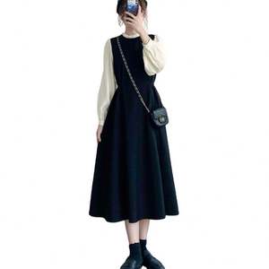 Otoño francés nuevo diseño retro mujer manga larga vestido sólido Delgado falsificar dos piezas moda dama cuello alto A-line vestido - Product Image 1