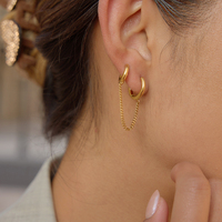 Boucles d'oreilles créoles classiques JF Lady avec pampilles, en acier inoxydable plaqué or 18 carats, délicates et minimalistes, à double boucle et chaîne