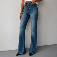 Jean en denim évasé pour femme de haute qualité, taille haute, multi-boutons, coutures en V, ourlet fendu, respirant, décontracté, bleu moyen, vintage