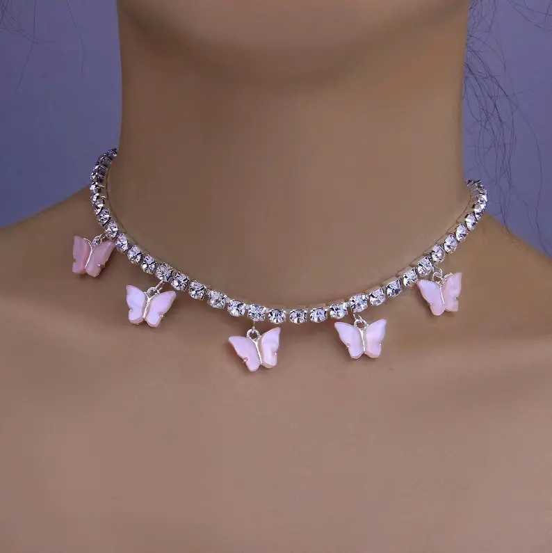 Creative acrylic colorful diamond butterfly necklace natural butterfly element choker