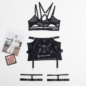 Lingerie Seksi Wanita Berkualitas Tinggi, Set Tiga Potong Jaring Transparan Hitam, Daya Tarik Romantis, Pembentuk Tubuh - Product Image 6