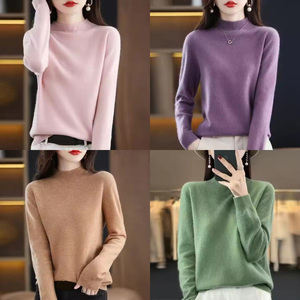 Nuevo Otoño Invierno <span class=keywords><strong>mujer</strong></span> medio <span class=keywords><strong>cuello</strong></span> <span class=keywords><strong>alto</strong></span> 100% Cachemira suéter Color sólido suelto tejido adelgazante Base suéter - Product Image 1