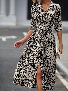 Nouvelle Collection Printemps/Automne 2025 <span class=keywords><strong>Robe</strong></span> Chemise Chic à Col V Imprimé Floral, Taille Ajustée, Manches <span class=keywords><strong>Mi</strong></span>-Longues et Fente Haute pour Femme - Product Image 6