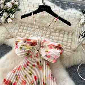 Summer <b>Roman</b> Halter Pleated Midi <b>Dress</b> for Women Empire Printed Hollow Out Lace Draped Woven Party <b>Dress</b> - Product Image 2