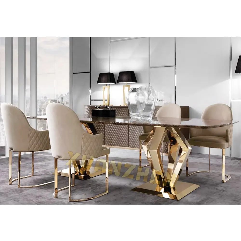 Yemek odası mobilyası paslanmaz çelik altın beyaz mermer masa üstü modern mermer yemek masası lüks yemek masası s