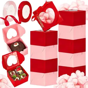 Valentines Cupcake Boxes Padaria Treat Boxes com Coração PVC Window Rosa e Vermelho Individual Cookie Candy Boxes for Gift