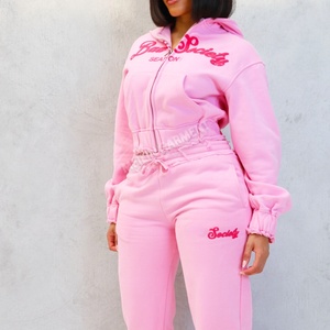 Custom Oversized French Terry pink Distressed Puff Printing <b>Zip</b> <b>up</b> Hoodies <b>Cropped</b> Tracksuit Two Piece Sweatsuit Women - Product Image 3