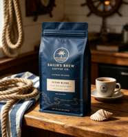 Sachet à fond plat pour grains de café, finition mate, imprimé en héliogravure personnalisé, résistant à l'humidité, avec valve et thermoscellable pour café torréfié