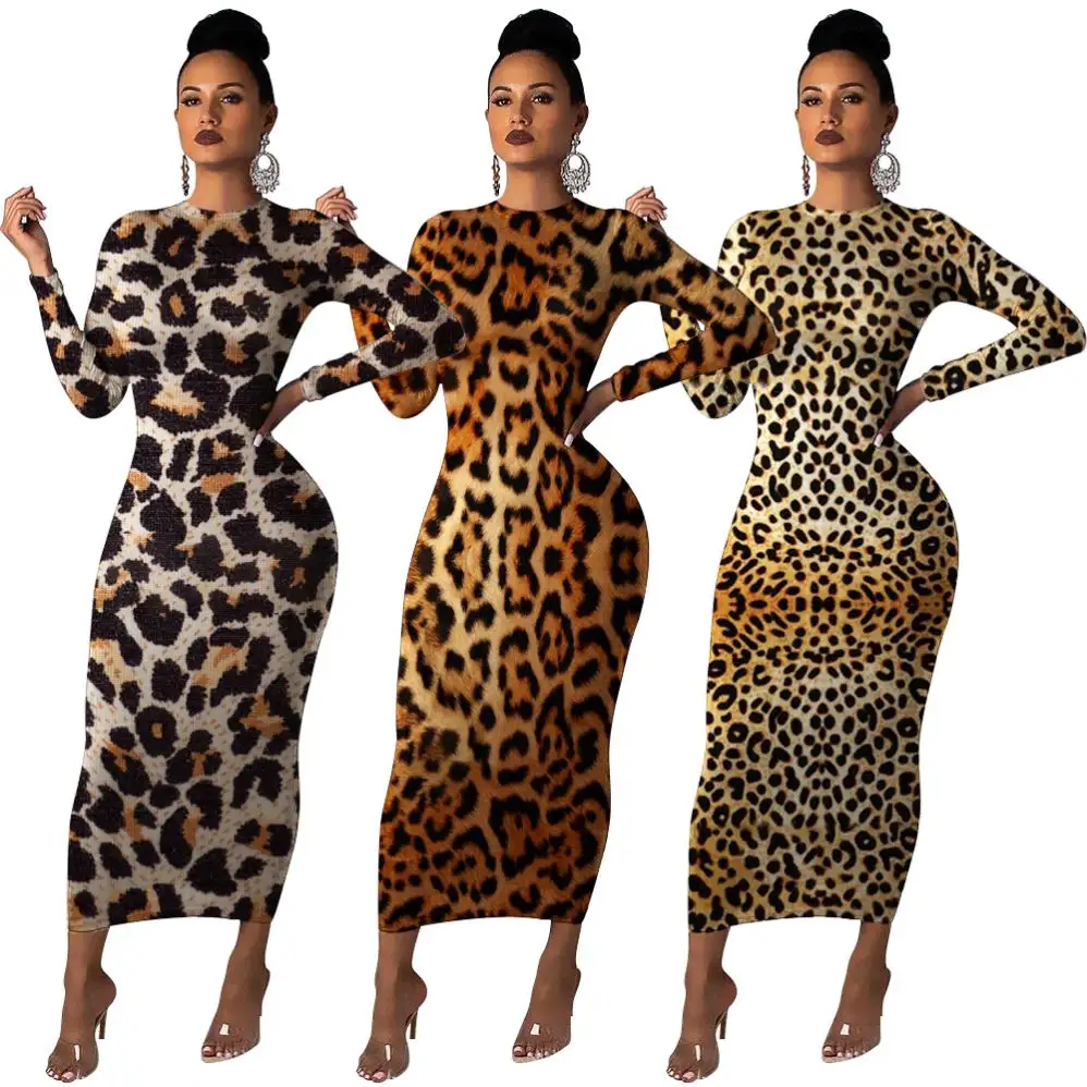 <span class=keywords><strong>Robe</strong></span> femme imprimé léopard à manches longues, tenue élégante, africaine, automne, hiver, Sexy, Club avec Animal imprimé