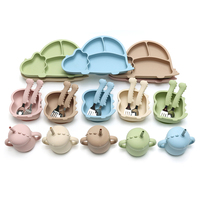 Ensemble d'alimentation pour bébé en silicone de qualité alimentaire, motif animaux de dessin animé, 5 pièces : assiette à ventouse, bol, cuillère, fourchette, tasse, 0-12 mois, sans BPA, cadeau pour nouveau-né