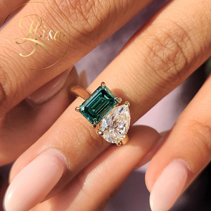 Anello di Fidanzamento Personalizzato con Diamante VVS Coltivato in Laboratorio Toi Et Moi, Certificato IGI, Diamante Verde <span class=keywords><strong>Smeraldo</strong></span> CVD HPHT, Anello a Goccia per Donna - Product Image 2