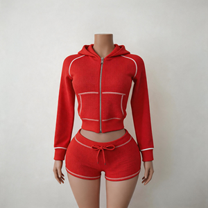 Conjunto <span class=keywords><strong>de</strong></span> Dos Piezas con Sudadera con Cierre y Cintura Baja, Estilo Chic, Tejido Waffle, para Mujer, Moderno, Casual, para Uso Diario - Product Image 5