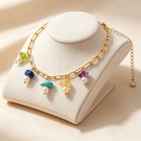 Parure de bijoux de luxe léger en acier inoxydable avec pierres naturelles colorées et perles d'imitation, collier et bracelet pour femme, style décontracté