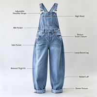Salopette en jean pour femme à jambes larges, coupe décontractée, boutonnée, en coton, pour les sorties du week-end et les balades