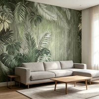Papier peint vintage vert sauge à motifs de palmiers tropicaux et de feuilles de Monstera, écologique, murale botanique jungle pour salon, chambre, restaurant