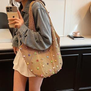 Sac fourre-tout d'été décontracté en paille grande capacité pour femme, avec deux fermetures éclair, style gilet ajouré, idéal pour la plage - Nouvelle collection - Product Image 3