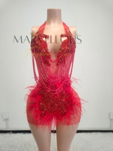 MF ชุดเดรสแขนกุดคอสูงลายขนนกชุดเดรสเข้ารูปงานวันเกิดขนาดเล็กประดับพลอยเทียมสีดำประดับคริสตัลสำหรับไนท์คลับ2025 - Product Image 6